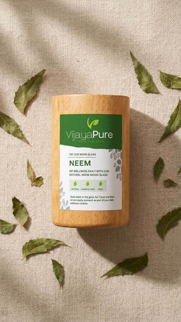 VijayaPure Natural Neem Wood Glass – Handmade Ayurvedic Wooden Tumbler for Daily Wellness