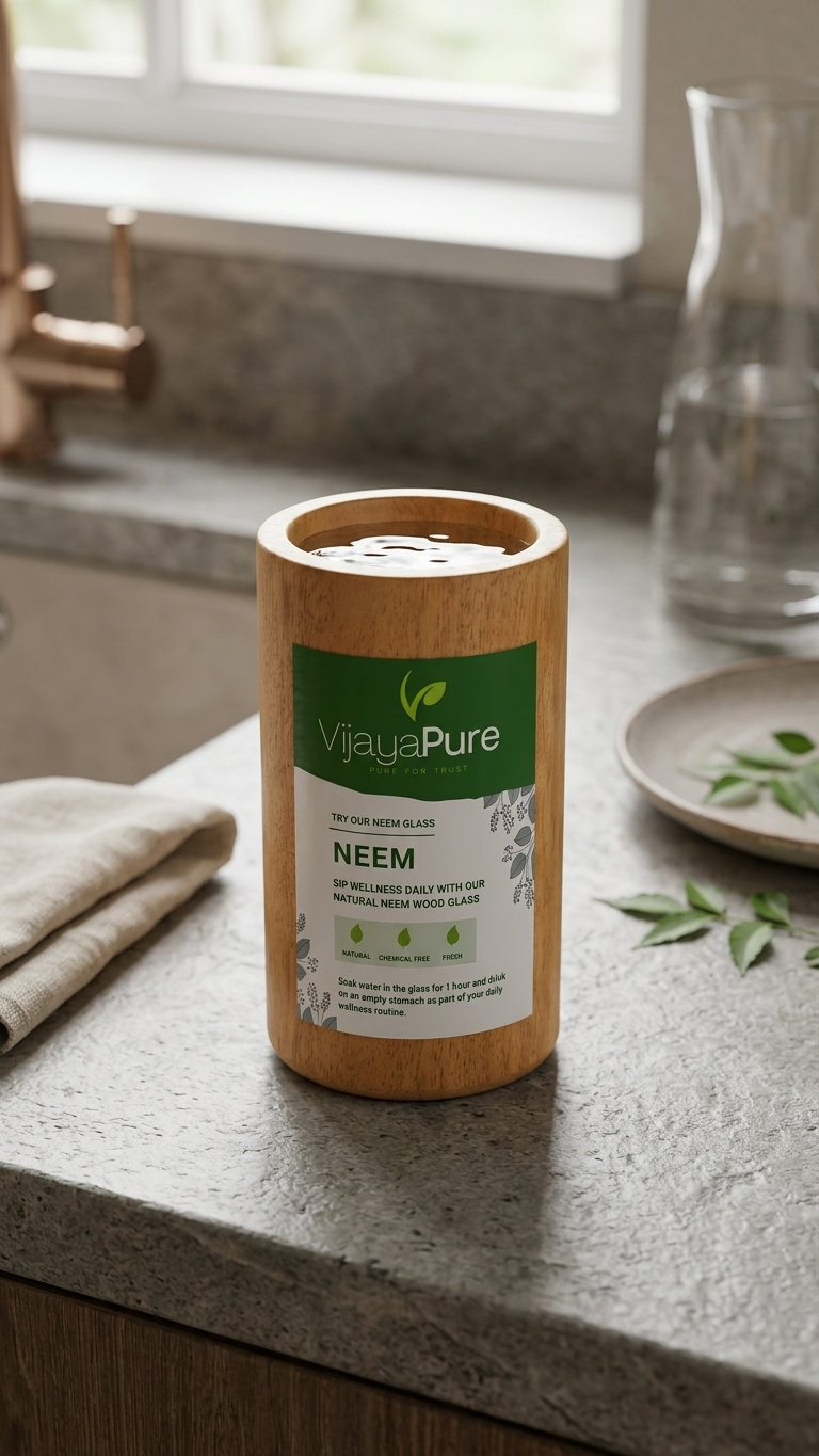 VijayaPure Natural Neem Wood Glass – Handmade Ayurvedic Wooden Tumbler for Daily Wellness