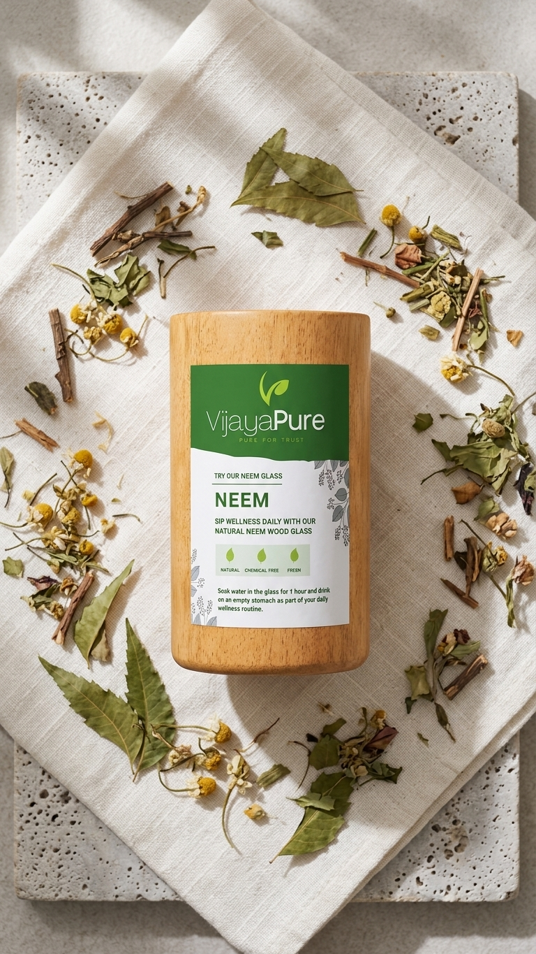 VijayaPure Natural Neem Wood Glass – Handmade Ayurvedic Wooden Tumbler for Daily Wellness